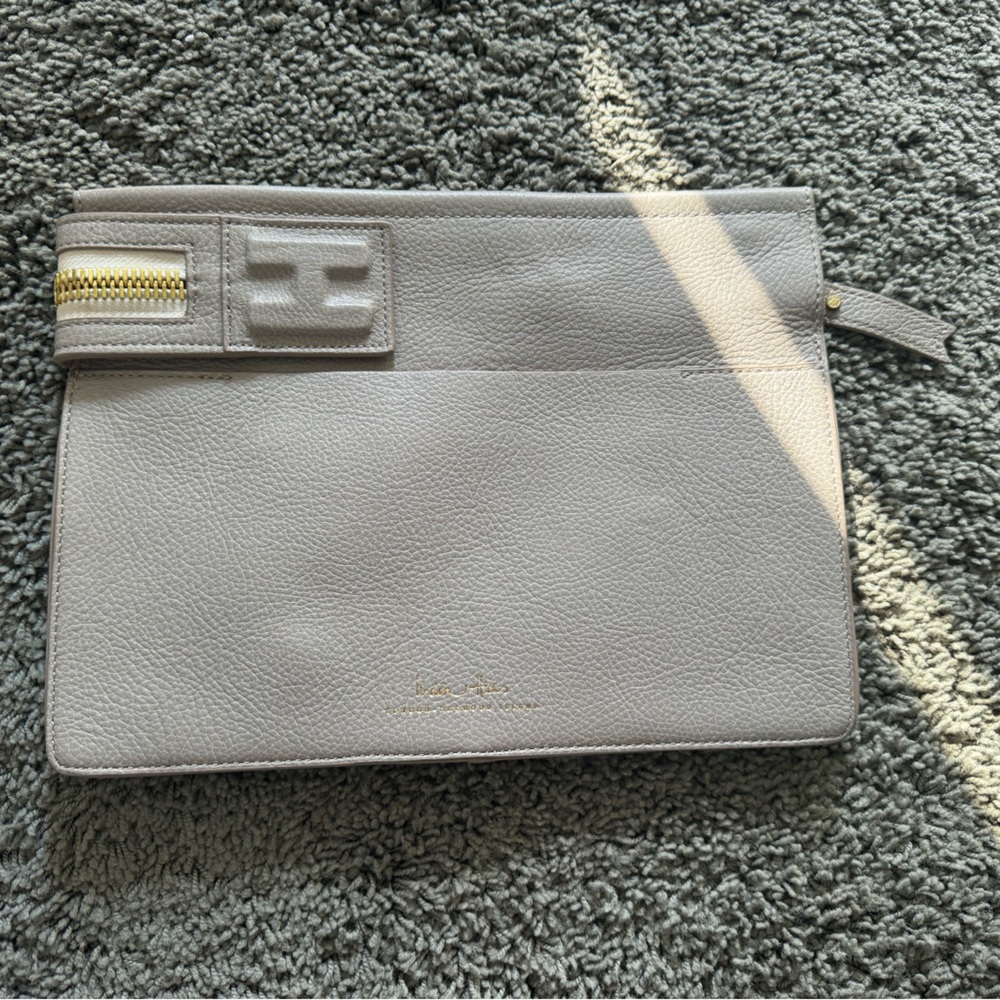 India Hicks grey clutch with gold zipper detail